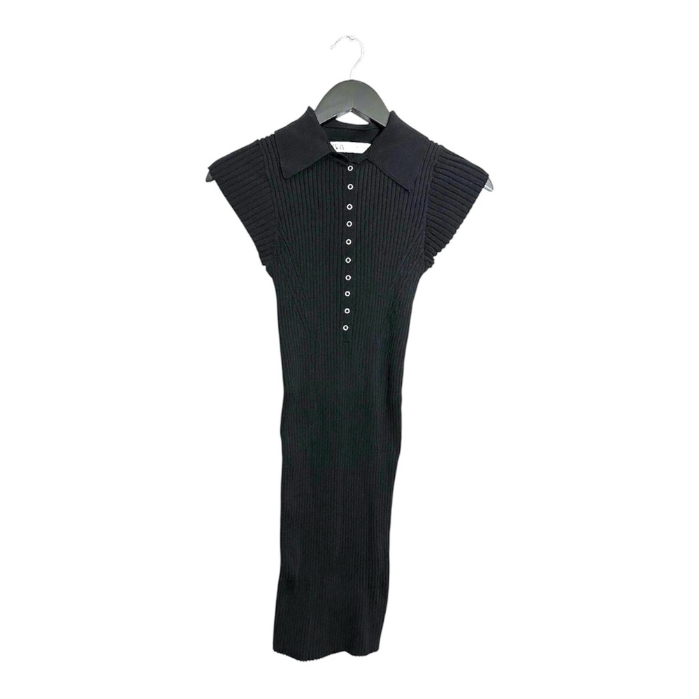 Zara Black Ribbed Collar Dress Size Medium Minimalist Chic Button Front Knit